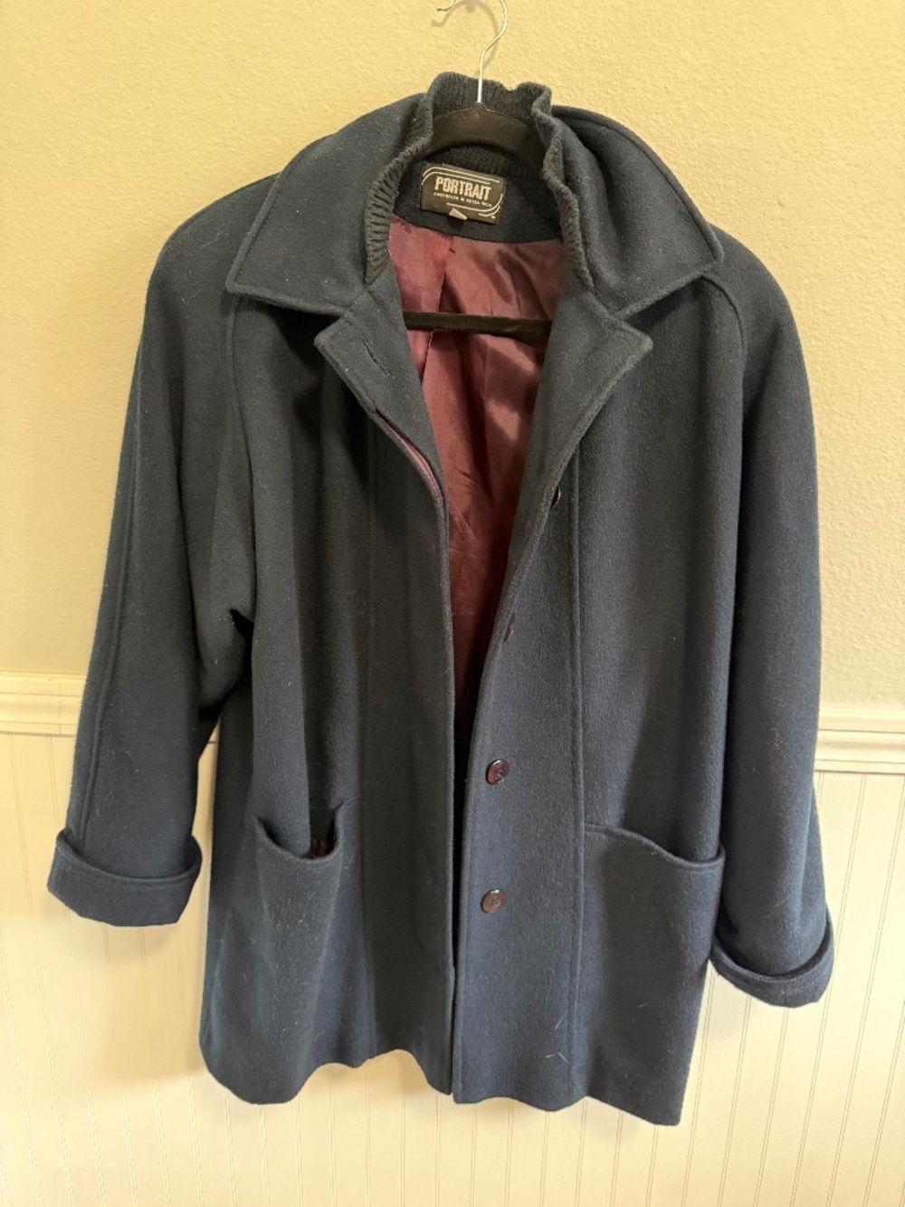 VTG Late 80’s/ Early 90s Portrait Oversized Navy Wool Coat with burgundy lining